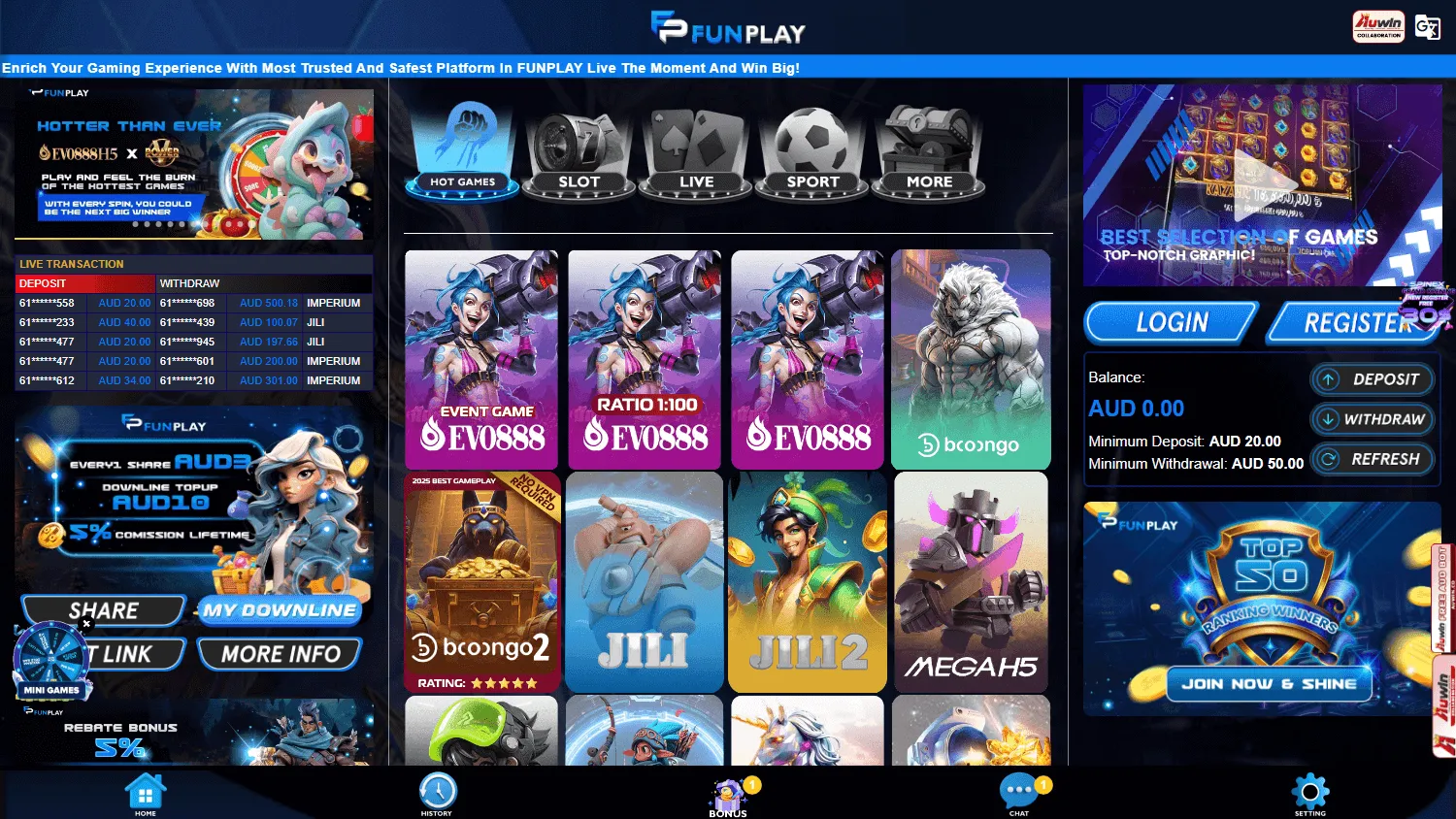 Funplay Casino home screen on desktop